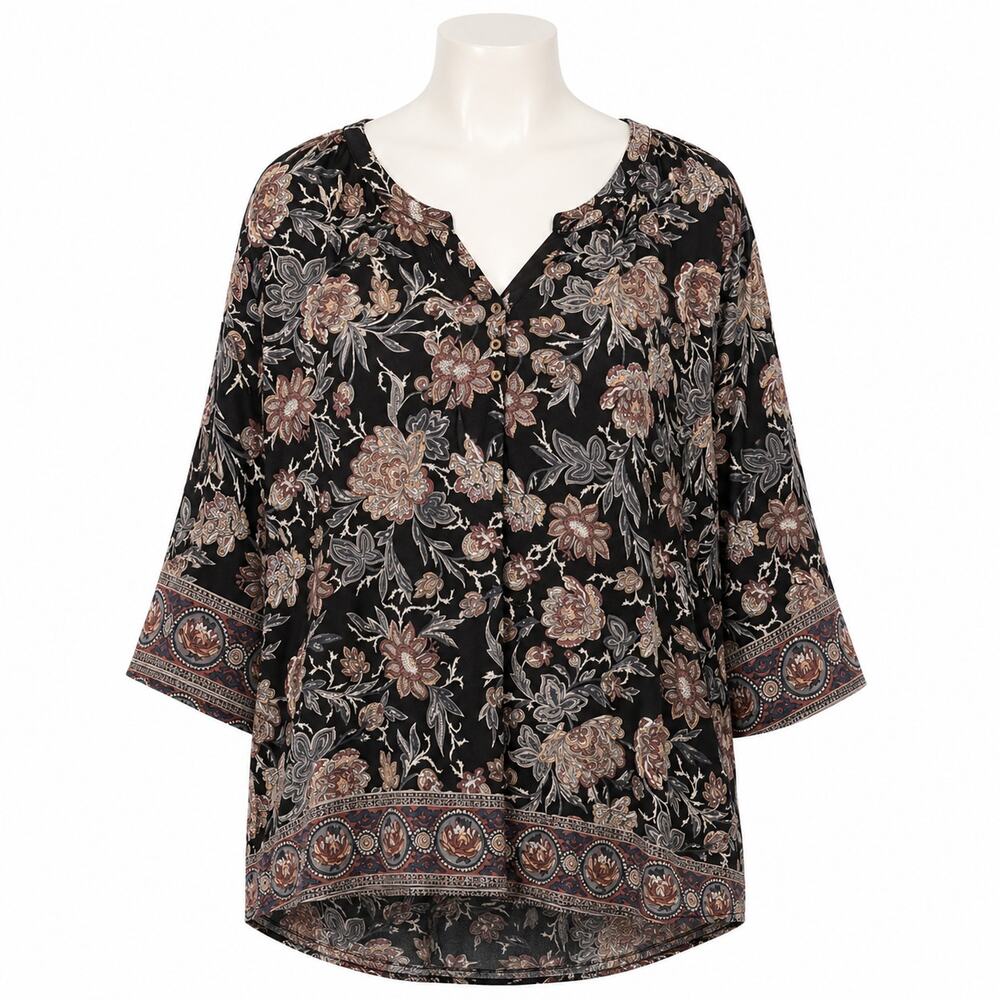 Lucky Brand Boho Tunic Black Floral Paisley - Hi Low 3/4 Sleeve - Black - 3X